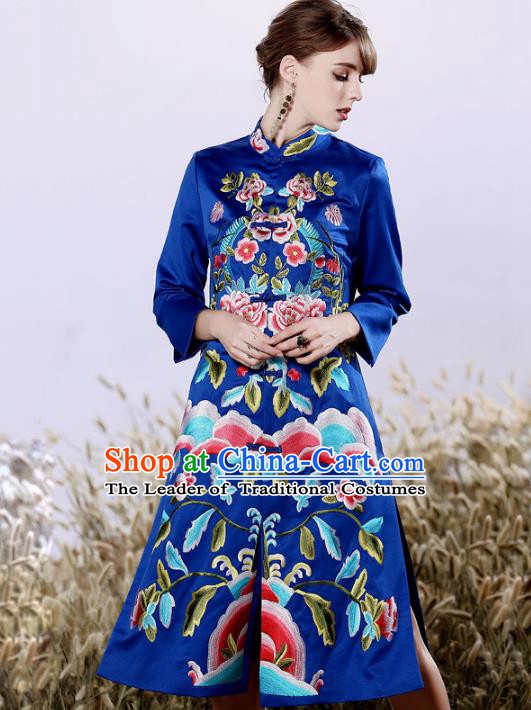 Chinese National Costume Embroidered Royalblue Qipao Dress Silk Cheongsam for Women