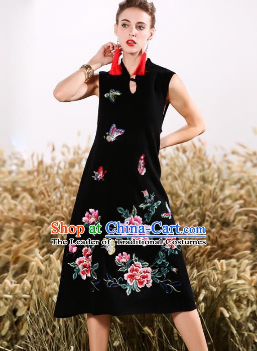 Chinese National Costume Embroidered Peony Butterfly Black Qipao Dress Cheongsam for Women