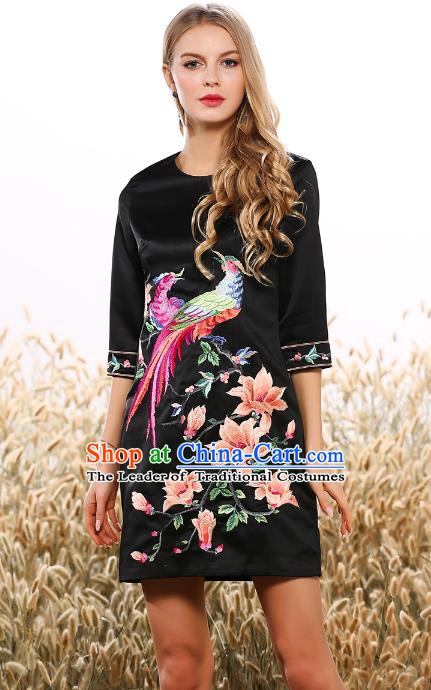 Chinese National Costume Embroidered Black Silk Qipao Dress Cheongsam for Women