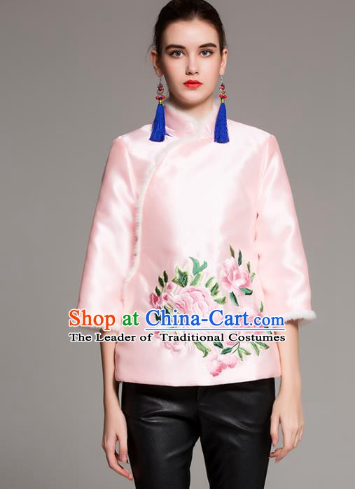Chinese National Costume Traditional Embroidered Pink Blouse Silk Cotton-padded Coat for Women