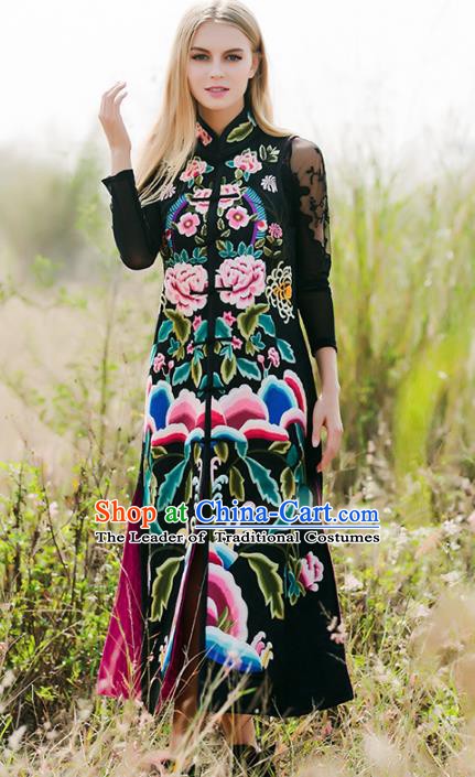 Chinese National Costume Traditional Embroidered Peony Black Vest Coat for Women