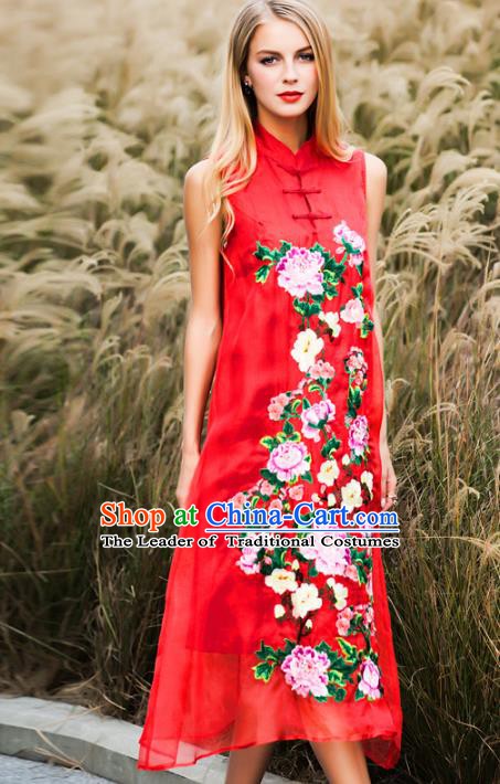 Chinese National Costume Stand Collar Red Cheongsam Embroidered Peony Sleeveless Qipao Dress for Women