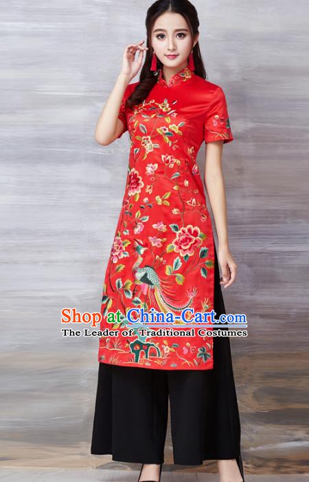 Chinese National Costume Red Cheongsam Embroidered Peony Stand Collar Qipao Dress for Women