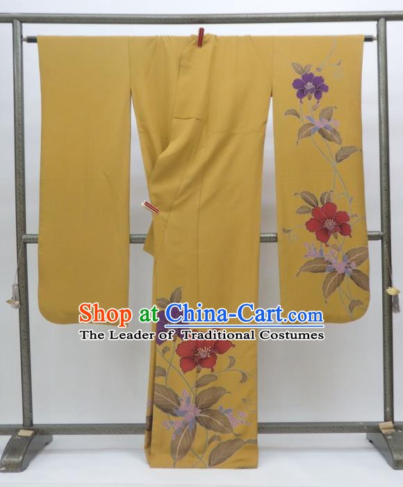 Ancient Japanese Geisha Garment Yellow Furisode Kimonos Traditional Yukata Dress Costume for Women