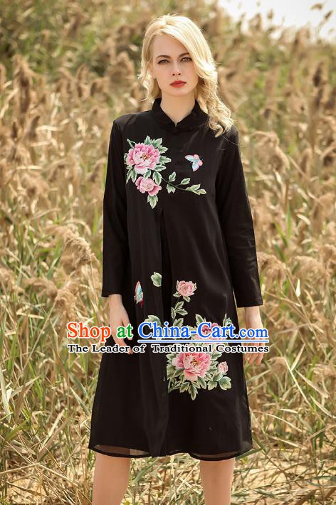 Chinese National Costume Black Cheongsam Embroidered Peony Qipao Dress for Women