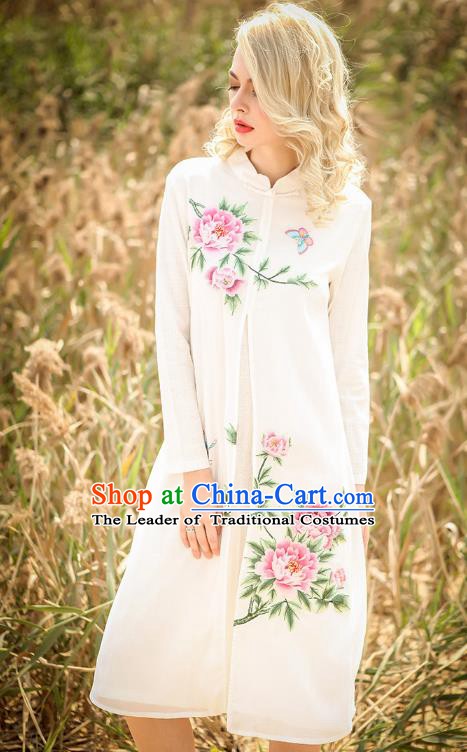 Chinese National Costume White Cheongsam Embroidered Peony Qipao Dress for Women