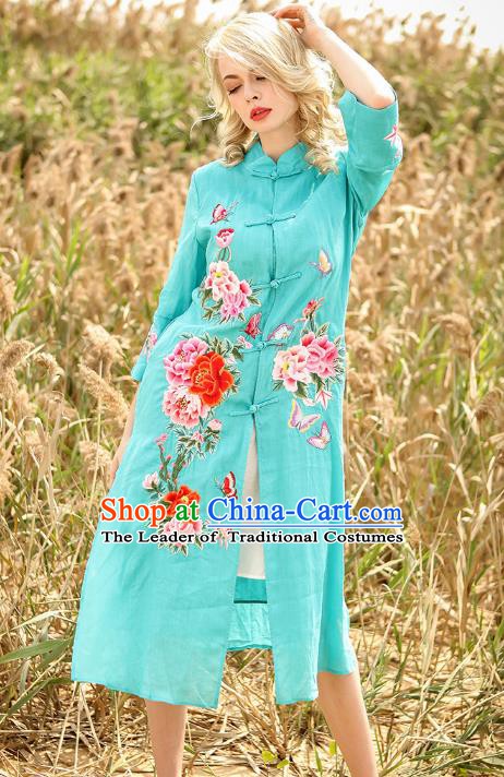 Chinese National Costume Blue Cardigan Cheongsam Embroidered Peony Qipao Dress for Women