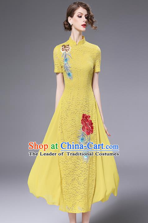 Chinese National Costume Yellow Lace Cheongsam Embroidered Qipao Dress for Women