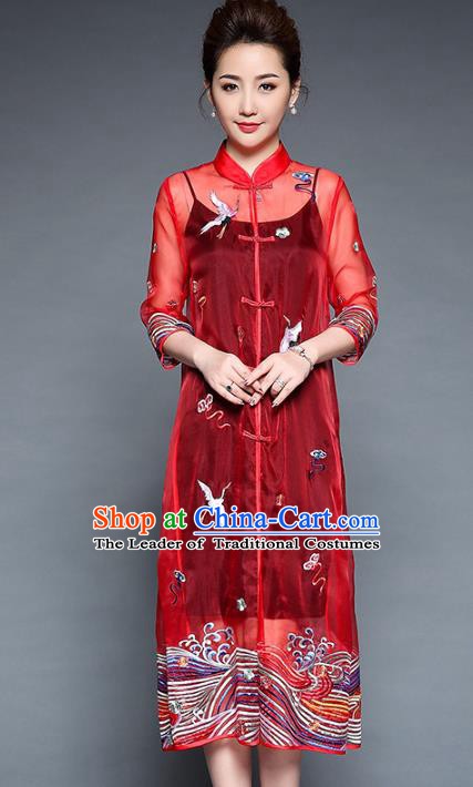 Chinese National Costume Red Plated Buttons Coats Traditional Embroidered Cardigan for Women