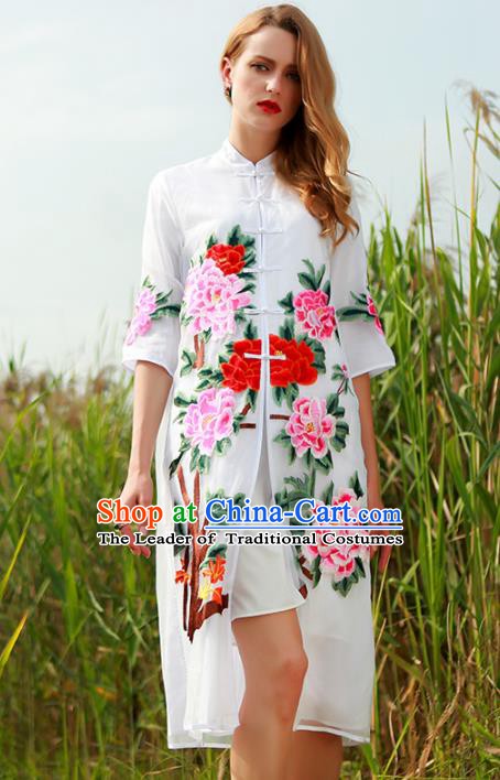 Chinese National Costume White Plated Buttons Coats Traditional Embroidered Peony Cardigan for Women
