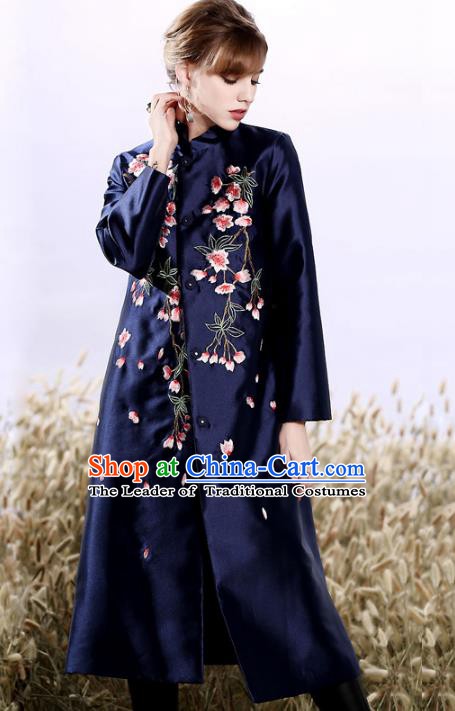 Chinese National Costume Plated Buttons Navy Coats Traditional Embroidered Dust Coat for Women