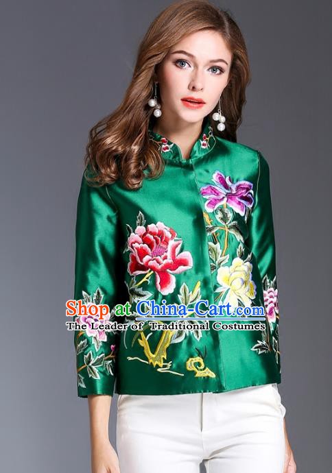 Chinese National Costume Traditional Embroidered Peony Blouse Green Shirts for Women