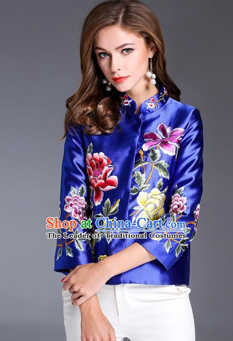 Chinese National Costume Traditional Embroidered Peony Blouse Blue Shirts for Women