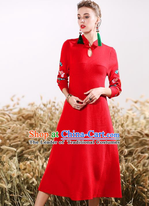 Chinese National Costume Embroidered Red Cheongsam Vintage Qipao Dress for Women