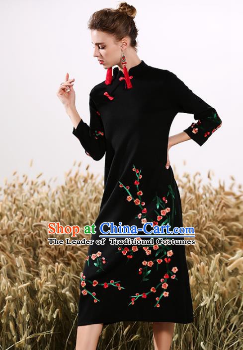 Chinese National Costume Embroidered Plum Blossom Cheongsam Black Qipao Dress for Women