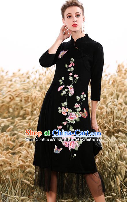 Chinese National Costume Cheongsam Embroidered Peony Black Qipao Dress for Women