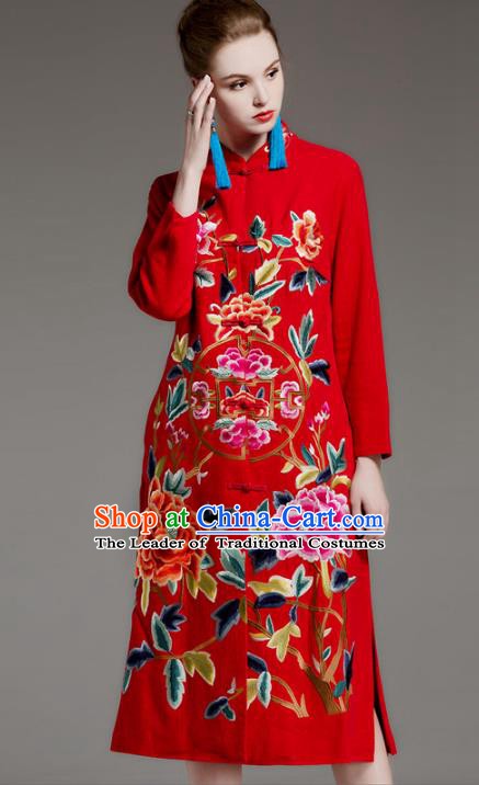Chinese National Costume Embroidered Peony Coats Traditional Red Dust Coat for Women