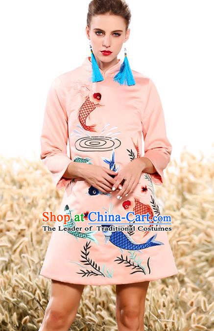 Chinese National Costume Tang Suit Cotton Wadded Jacket Traditional Embroidered Pink Blouse for Women
