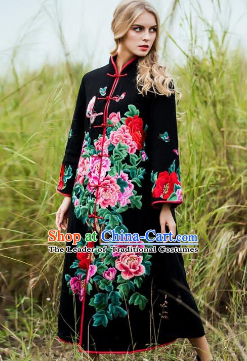 Chinese National Costume Embroidered Peony Black Coats Traditional Woolen Dust Coat for Women