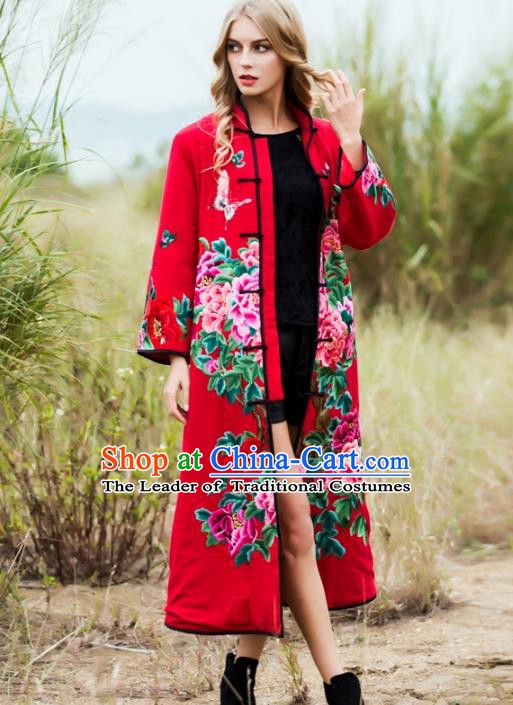 Chinese National Costume Tang Suit Coats Traditional Embroidered Peony Red Dust Coat for Women