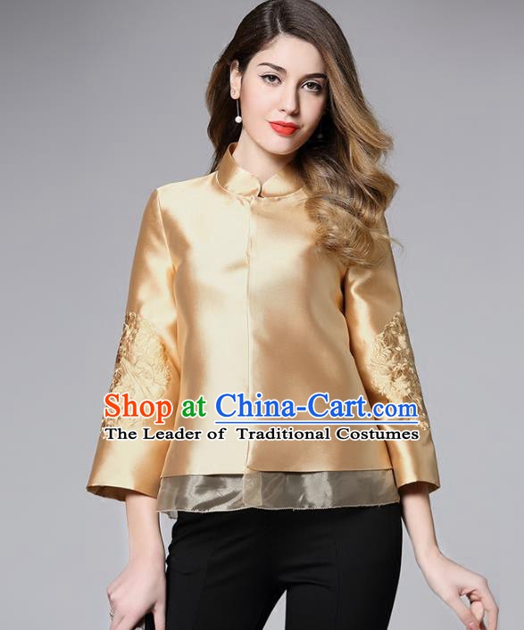 Chinese National Costume Tang Suit Golden Shirts Traditional Embroidered Blouse for Women
