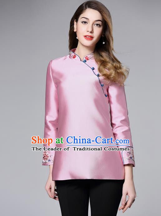 Chinese National Costume Tang Suit Pink Shirts Traditional Embroidered Blouse for Women