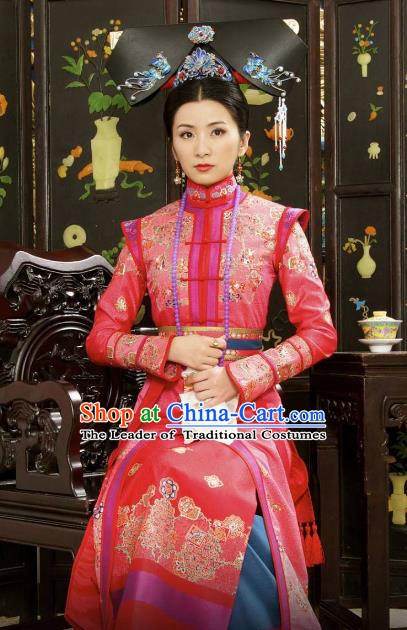 Chinese Ancient Shunzhi Empress Historical Replica Costume China Qing Dynasty Palace Lady Embroidered Clothing
