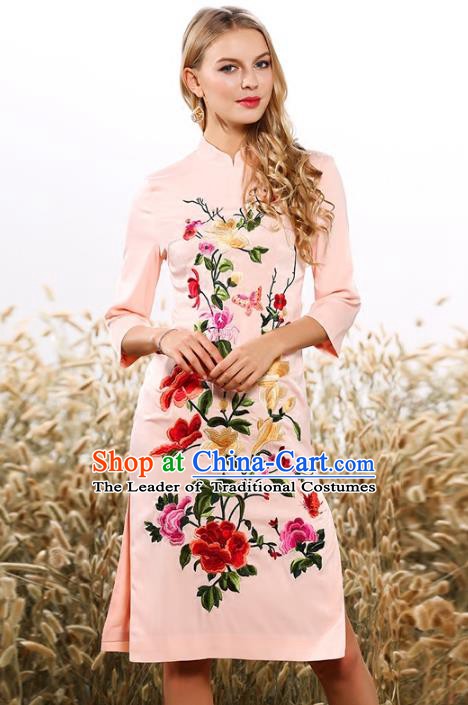 Chinese National Costume Tang Suit Pink Qipao Dress Traditional Embroidered Flowers Cheongsam for Women