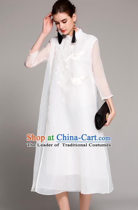 Chinese National Costume Tang Suit White Qipao Dress Traditional Embroidered Cranes Cheongsam for Women