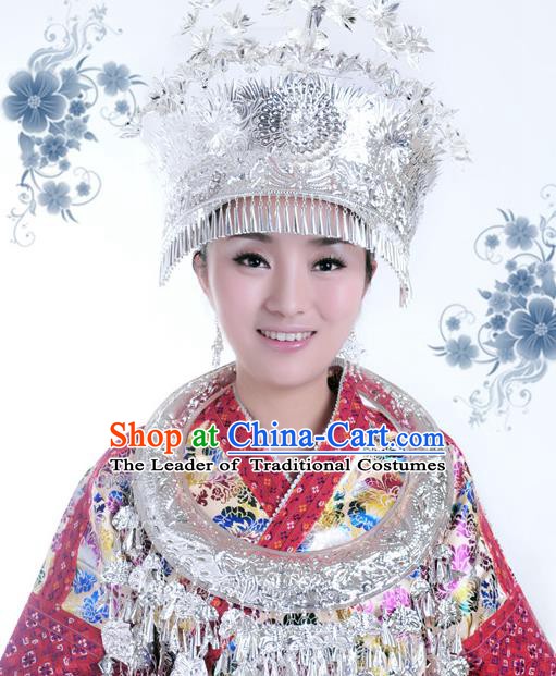 Traditional Chinese Miao Nationality Tassel Hats Phoenix Coronet Hair Accessories Sliver Crown Headwear for Women