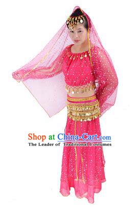 Traditional India Folk Dance Costume, Indian Female Dance Rosy Dress for Women
