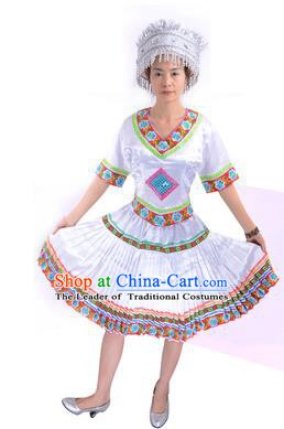 Traditional Chinese Miao Nationality Costume China Hmong Ethnic Minority White Dress for Women