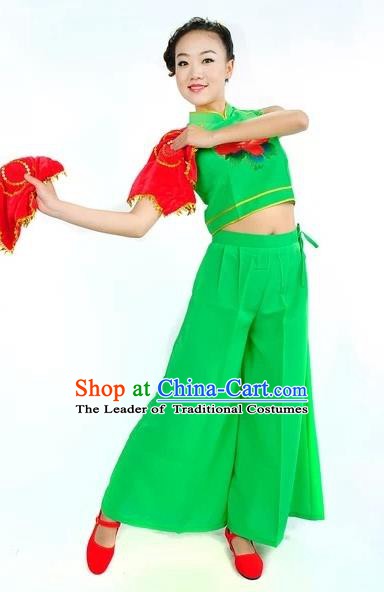 Traditional Chinese Classical Dance Yangge Fan Dancing Green Costume, Folk Dance Uniform Yangko Costume for Women