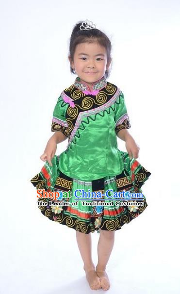 Traditional Chinese Yi Nationality Dance Costume, Folk Dance Ethnic Dance Green Dress for Kids