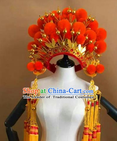 Traditional Chinese Beijing Opera Diva Red Venonat Phoenix Coronet Peking Opera Actress Hats Headwear