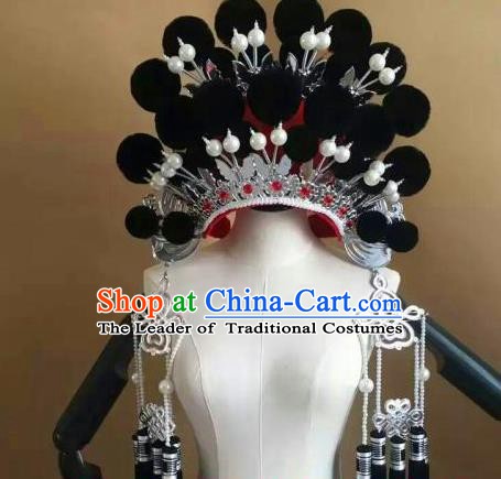 Traditional Chinese Beijing Opera Diva Black Venonat Phoenix Coronet Peking Opera Actress Hats Headwear
