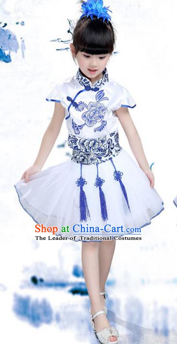 Traditional Chinese Classical Dance Yangko Costume, Children Folk Dance Chorus Blue Dress for Kids