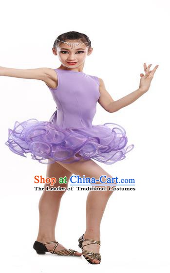 Traditional Chinese Modern Dance Latin Dance Costume Opening Dance Purple Dress for Kids