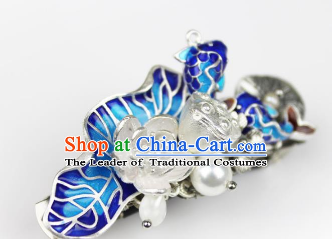 Chinese Ancient Handmade Hair Accessories Classical Blueing Fishes Lotus Hairpins Hair Claw for Women
