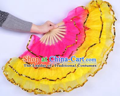 Chinese Folk Dance Props Accessories Stage Performance Yangko Yellow Folding Fans for Women