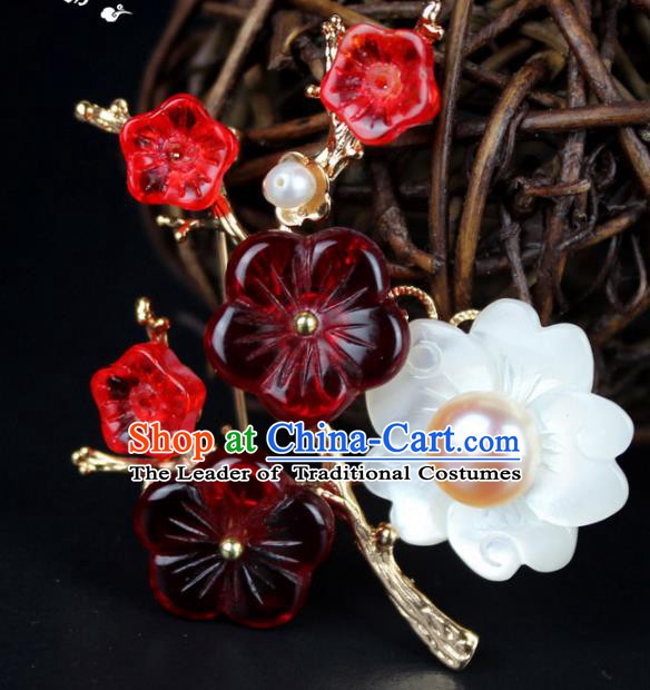 Chinese Ancient Handmade Accessories Red Plum Blossom Pearls Brooch for Women