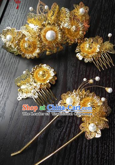 Chinese Handmade Ancient Wedding Hair Accessories Classical Hanfu Golden Hairpins Complete Set for Women