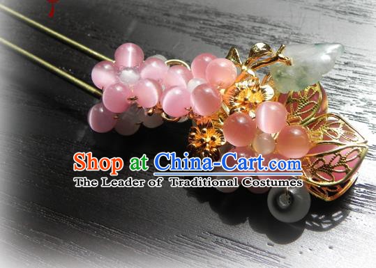 Chinese Handmade Ancient Jadeite Hairpins Hair Accessories Classical Hanfu Pink Beads Hair Stick for Women