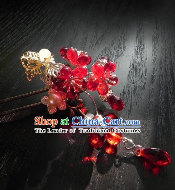 Chinese Handmade Ancient Hanfu Red Crystal Hairpins Hair Accessories Classical Hair Clip for Women
