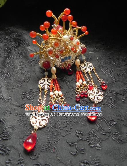 Chinese Ancient Hanfu Tassel Handmade Hairpins Hair Accessories Red Beads Hair Clip for Women
