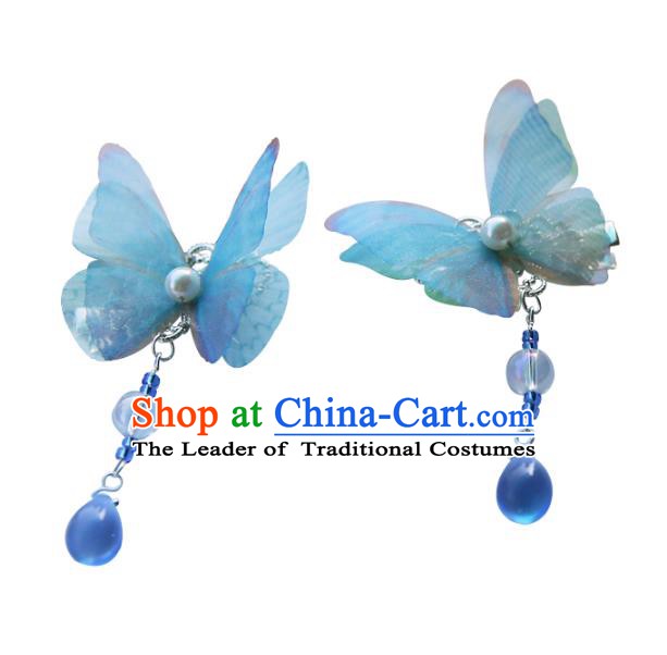 Chinese Ancient Handmade Hanfu Hairpins Palace Lady Blue Butterfly Hair Claws Hair Accessories for Women