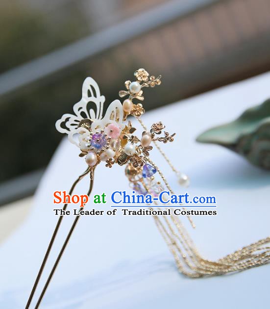 Chinese Ancient Handmade Hanfu Classical Tassel Hairpins Palace Lady Shell Butterfly Hair Clip Hair Accessories for Women
