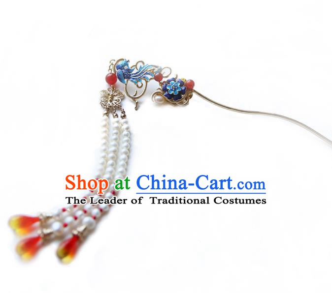 Chinese Ancient Handmade Hanfu Classical Tassel Hairpins Palace Lady Blueing Phoenix Hair Clip Hair Accessories for Women