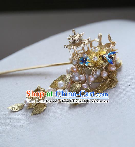 Chinese Ancient Hanfu Handmade Golden Leaf Tassel Hairpins Palace Lady Hair Clip Hair Accessories for Women