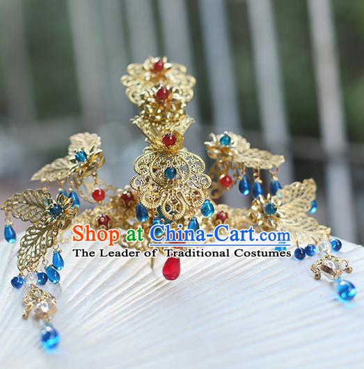 Chinese Ancient Hanfu Handmade Hairpins Blue Beads Tassel Phoenix Coronet Hair Accessories for Women